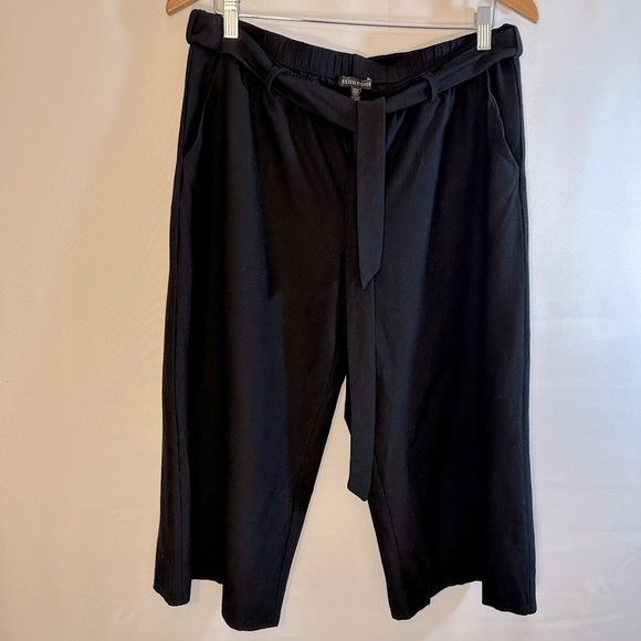 Eileen Fisher Cropped Black Pants Stretch Wide Leg Tie Belt Loop Pockets Side M - Picture 5 of 7